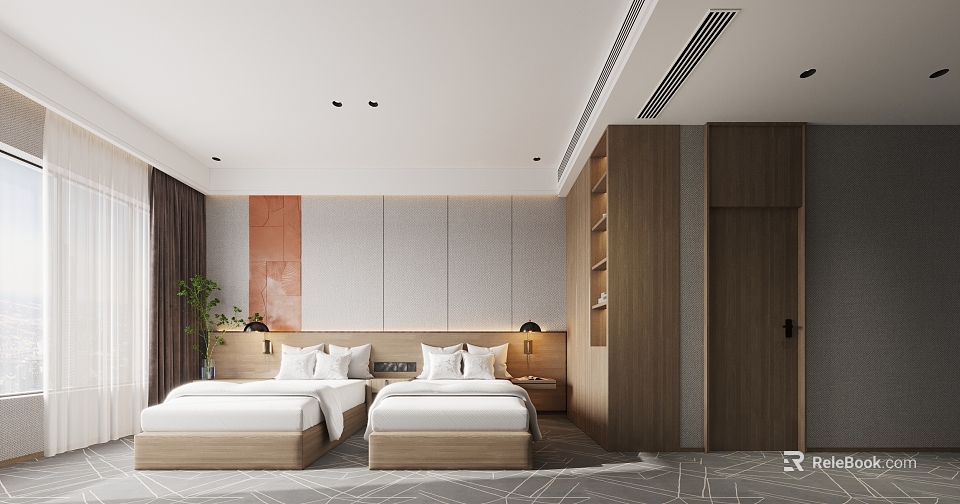 Modern Hotel Guest Room With Twin Beds Wooden Nightstands And Wall Art 3d model 