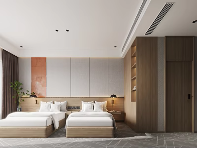 Modern Hotel Guest Room With Twin Beds Wooden Nightstands And Wall Art 3d model