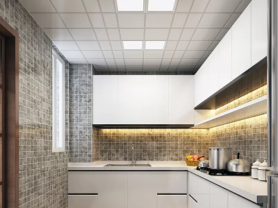 Modern Kitchen With White Cabinets Tiled Walls Countertop Sink And Fresh Fruits 3d model