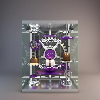 K11 Shop Window Display Featuring Mechanical Gears Locks Shopping Bags And Glass Design 3d model