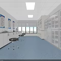 Modern Laboratory Interior With White Cabinets Blue Flooring Lab Benches Stools And Glass Display Cabinets