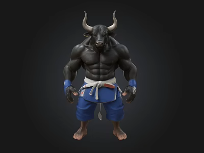 Muscular Minotaur 3D Model With Blue Shorts White Belt And Black Background 3d model