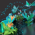 Decorative Water Scene With Blue Butterflies Green Leaves And Orange Flowers