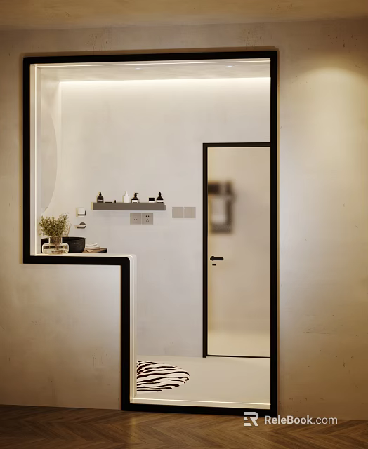 Modern Bathroom Interior With Glass Shower Door Wall Mounted Shelf And Potted Plant 3d model 