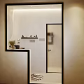 Modern Bathroom Interior With Glass Shower Door Wall Mounted Shelf And Potted Plant