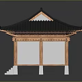 Traditional East Asian Building with Black Tiled Roof Overhanging Eaves and Wooden Framed Windows