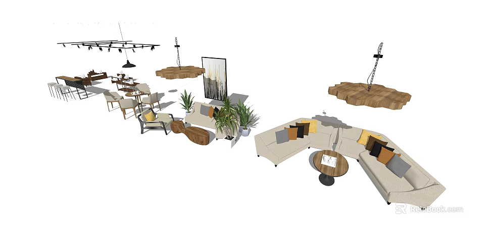 Modern Table And Chair Set In Living Space With Sofa Plants And Decorative Lighting 3d model 