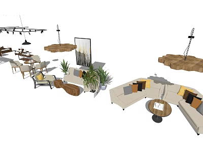 Modern Table And Chair Set In Living Space With Sofa Plants And Decorative Lighting 3d model