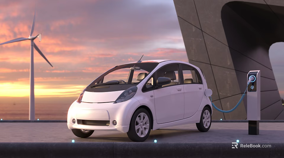 Sleek White Electric Car Charging at Modern Building During Sunset Hour 3d model 