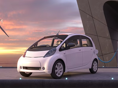 Sleek White Electric Car Charging at Modern Building During Sunset Hour 3d model
