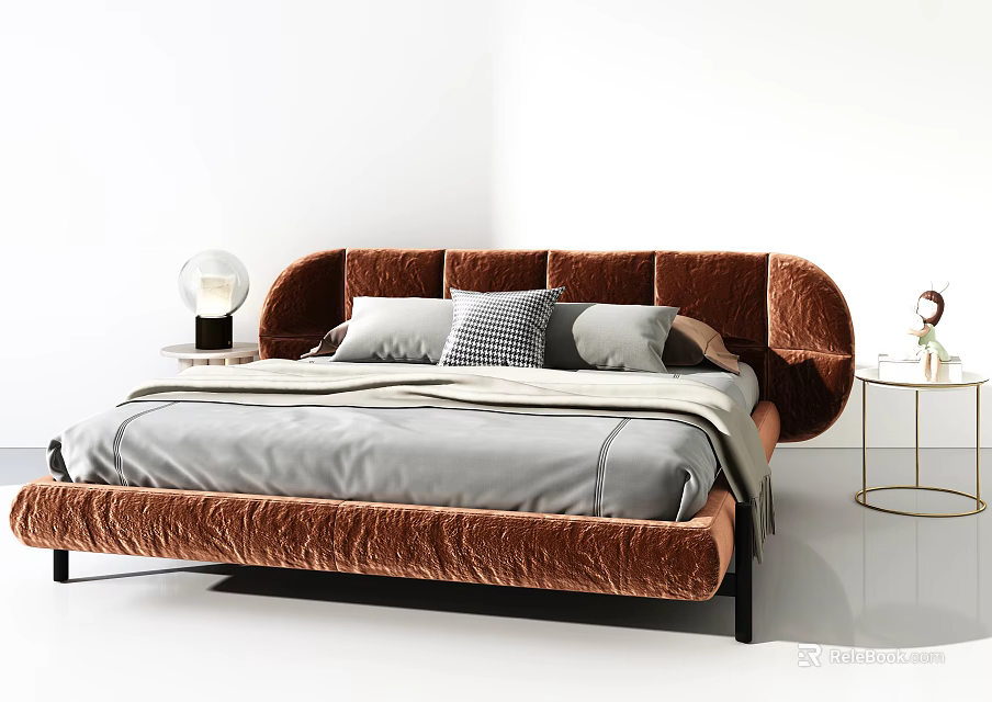 Modern Double Bed with Brown Velvet Headboard Gray Sheets Pillows Nightstands and Table Lamp 3d model 