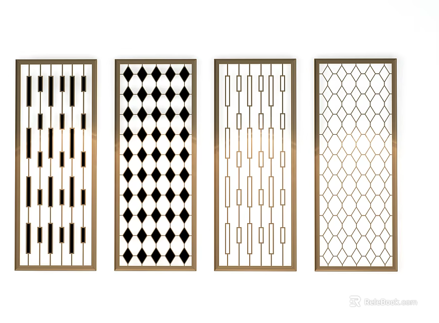 Modern Room Dividers With Four Geometric Patterns And Gold Frames 3d model