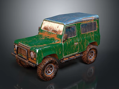 Vintage Rusty Green Off Road Vehicle With Blue Roof And Large Tires 3d model
