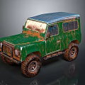 Vintage Rusty Green Off Road Vehicle With Blue Roof And Large Tires
