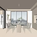 Modern Dining Room With White Cabinets Dining Table Chairs Large Windows And Plants 3d model