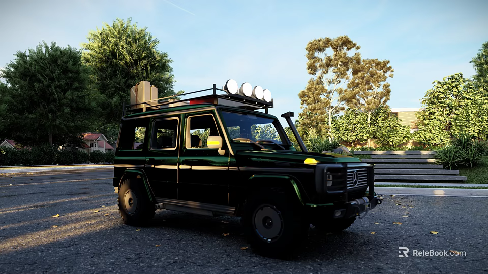 Green Off Road Car With Roof Rack Spotlights And Luggage On Road With Trees 3d model 