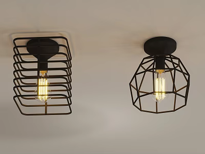 Stylish Black Metal Geometric Cage Ceiling Lights With Warm LED Bulbs 3d model