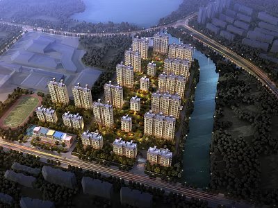 Aerial View Planning of Residential Complex With High Rise Buildings River Greenery and Roads 3d model