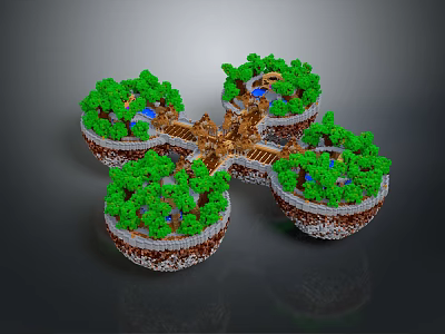 Fantasy Floating Islands Model With Green Trees Brown Bridges Blue Ponds And Rocky Bases 3d model