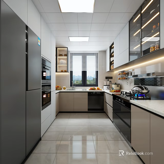 Modern Kitchen Interior Design With Built In Cabinets Stainless Steel Appliances Quartz Countertop And Window 3d model 