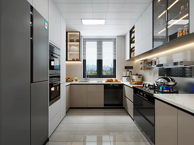 Modern Kitchen Interior Design With Built In Cabinets Stainless Steel Appliances Quartz Countertop And Window 3d model