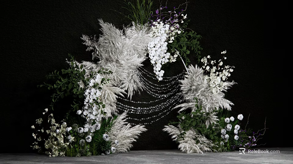 Elegant Floral Arch Decoration With White Purple Flowers And Feather Ornaments 3d model 