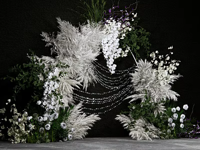 Elegant Floral Arch Decoration With White Purple Flowers And Feather Ornaments 3d model