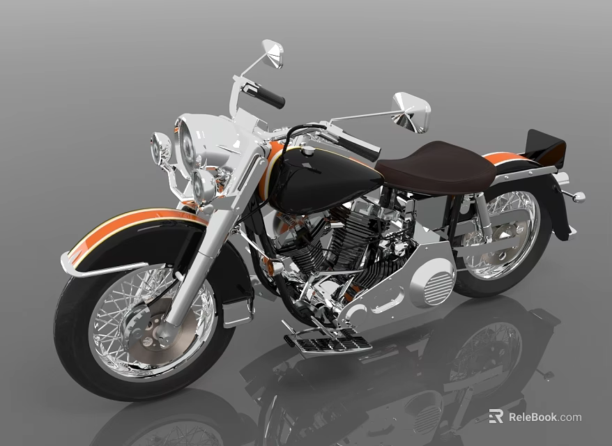Vintage Cruiser Motorcycle With White Black Body Orange Stripes Brown Leather Seat Chrome Wheels 3d model 
