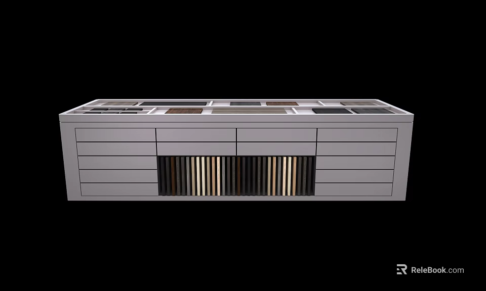 Modern Kitchen Island Cabinet With Drawers And Wooden Strip Design For Home Storage 3d model 