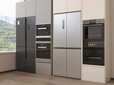Modern Kitchen Interior With Two Stylish Refrigerators And Oven Appliances 3d model