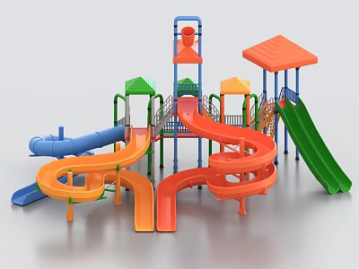 Colorful Outdoor Playground Equipment With Spiral And Tube Slides And Canopy Tops 3d model