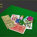 Green Table With Poker Chips Playing Cards Dollar Bills And Dice 3d model