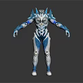 Futuristic Blue And White Tech Inspired Armored Humanoid Figure With Sleek Design Details