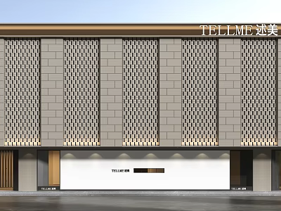 Modern Stone Storefront Facade With Lattice Panels And Brand Signage Lighting 3d model