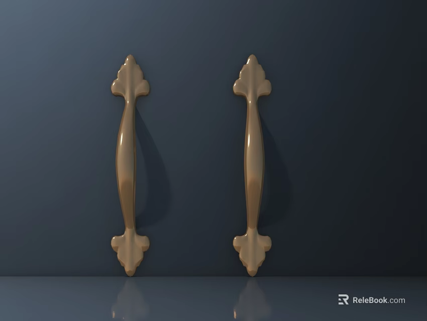 Elegant Golden Decorative Door Handles With Symmetric Design On Dark Background 3d model 