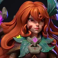 Fantasy Female Character with Red Long Hair Green Outfit Wielding Weapon Surrounded by Yellow Butterflies