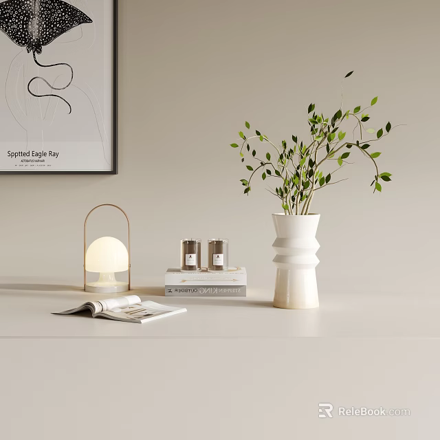 Elegant Decorative Ornament Set With White Vase Green Plants Books And Table Lamp For Home Decor 3d model 