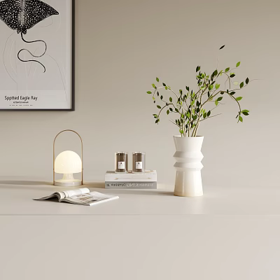 Elegant Decorative Ornament Set With White Vase Green Plants Books And Table Lamp For Home Decor 3d model