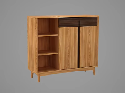 Light Wooden Sideboard With Cabinet Doors Open Shelves Black Accent Strips And Slender Legs 3d model
