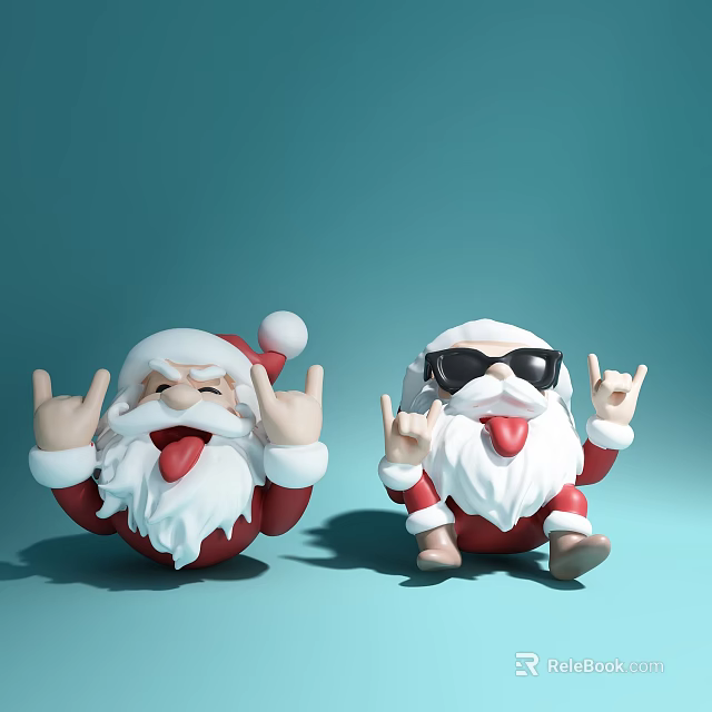 Cute Santa Claus Dolls Making Rock Hand Gestures on Light Blue Background 3d model 
