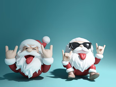 Cute Santa Claus Dolls Making Rock Hand Gestures on Light Blue Background 3d model