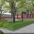 Traditional Ancient Chinese Building With Red Doors Blue Plaque Trees And Stone Path