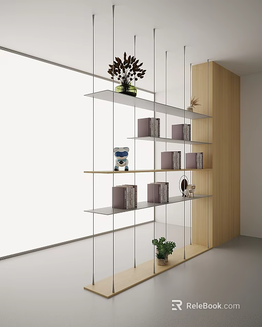 Modern Bookcase With Glass Shelves Books Robot Decor And Green Plant 3d model 