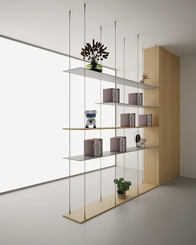 Modern Bookcase With Glass Shelves Books Robot Decor And Green Plant 3d model