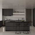 Modern Kitchen Interior With Dark Cabinets Countertop Appliances And Open Shelves