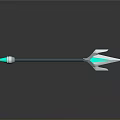 Arrow Weapon With Green Arrowhead Blue Shaft Silver Fletching On Reflective Surface