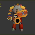 Colorful Mechanical Robot Character With Red Yellow Blue Metallic Body And Arm Tool