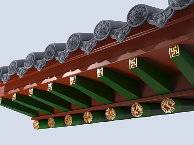 Traditional Chinese Architectural Components With Red Eaves Green Brackets Gray Tiles And Ornamental Carvings 3d model