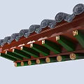 Traditional Chinese Architectural Components With Red Eaves Green Brackets Gray Tiles And Ornamental Carvings