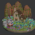 Cartoon Scene Featuring Small House Weeping Willow Trees Garden Rocks Small Shed and Blue Car